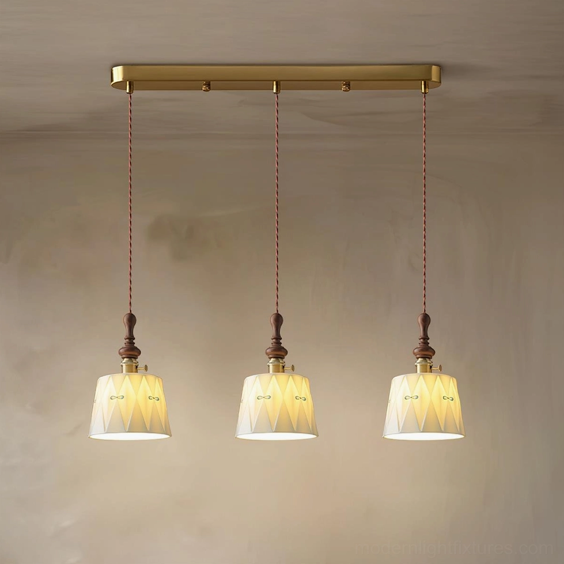 Three-head Belle Fleur Model C pendant light 70cm length 150cm height brass bar chandelier
