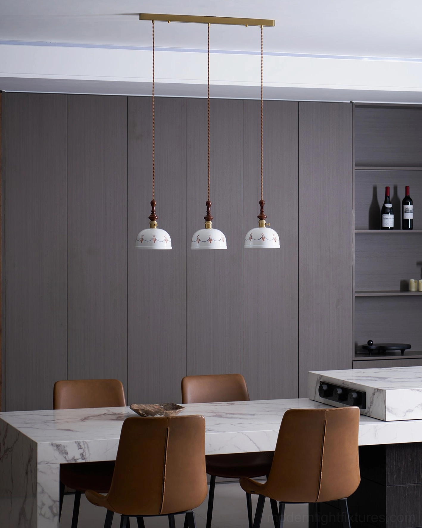 Belle Fleur pendant light in eclectic bohemian home with botanical elements and warm wood tones