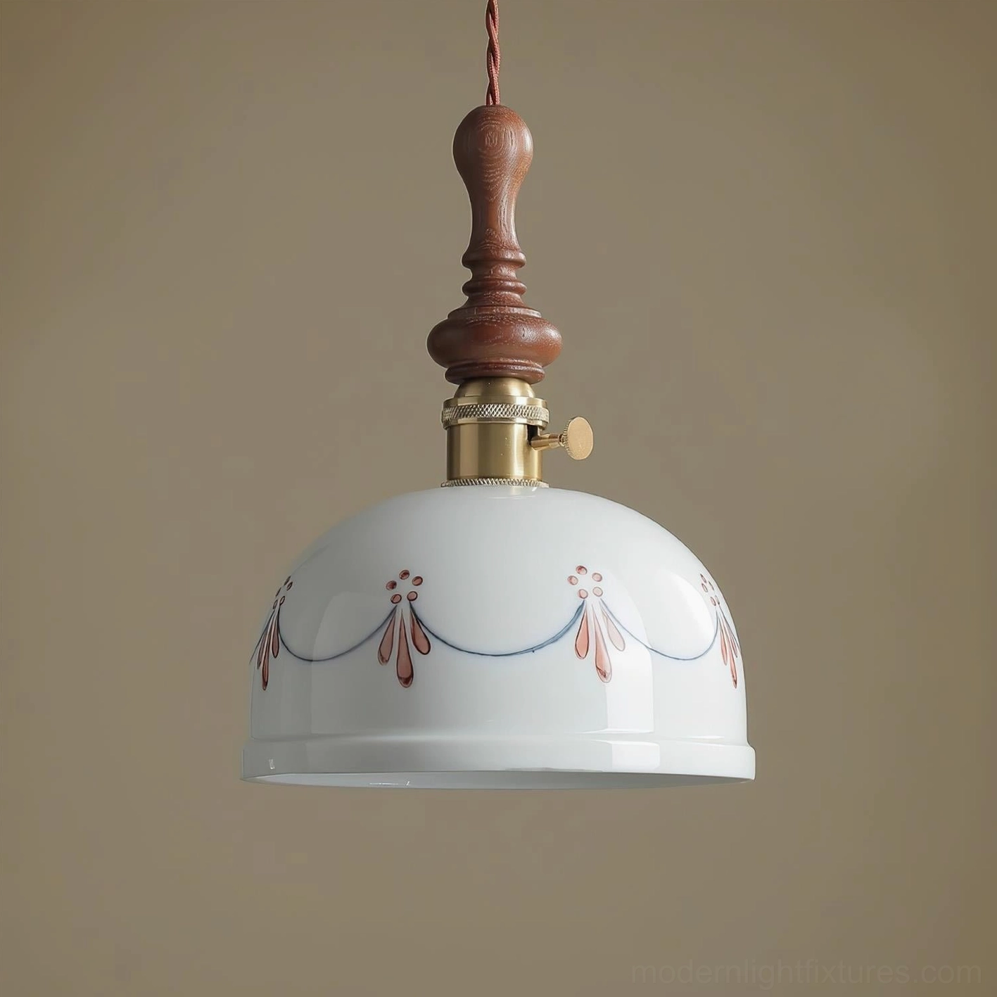 Belle Fleur pendant lamp with brass ceiling canopy and customizable wire length for sloped ceilings