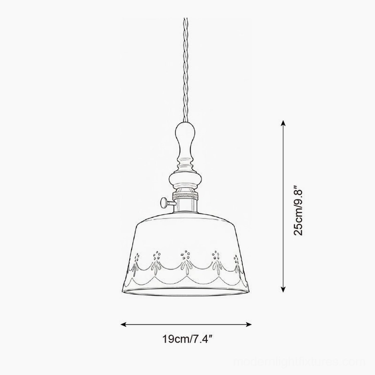 Belle Fleur Model B pendant lamp technical schematic 19cm wide 25cm tall scalloped ceramic shade