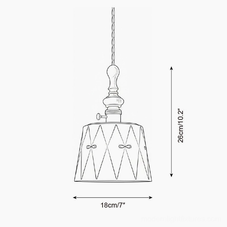 Belle Fleur Model C pendant lamp technical drawing 18cm diameter 26cm height with patterned shade