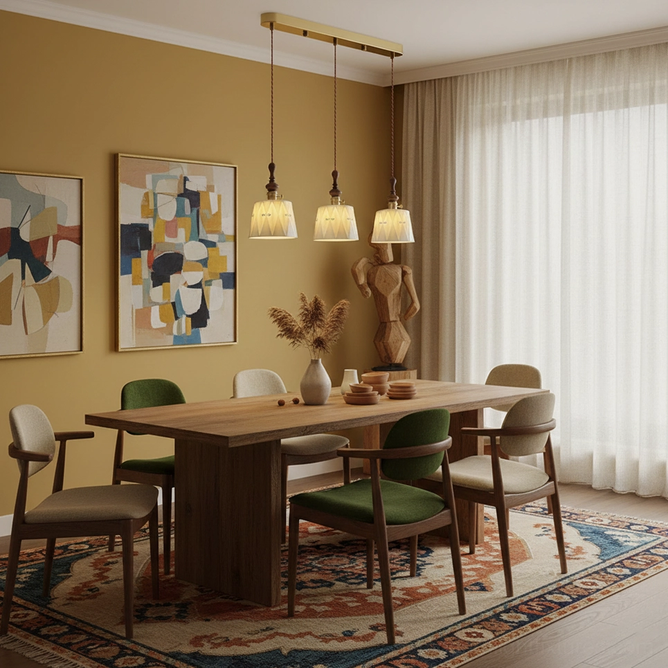 Vintage-inspired ceramic pendant lamp in modern farmhouse interior with natural wood and neutral tones