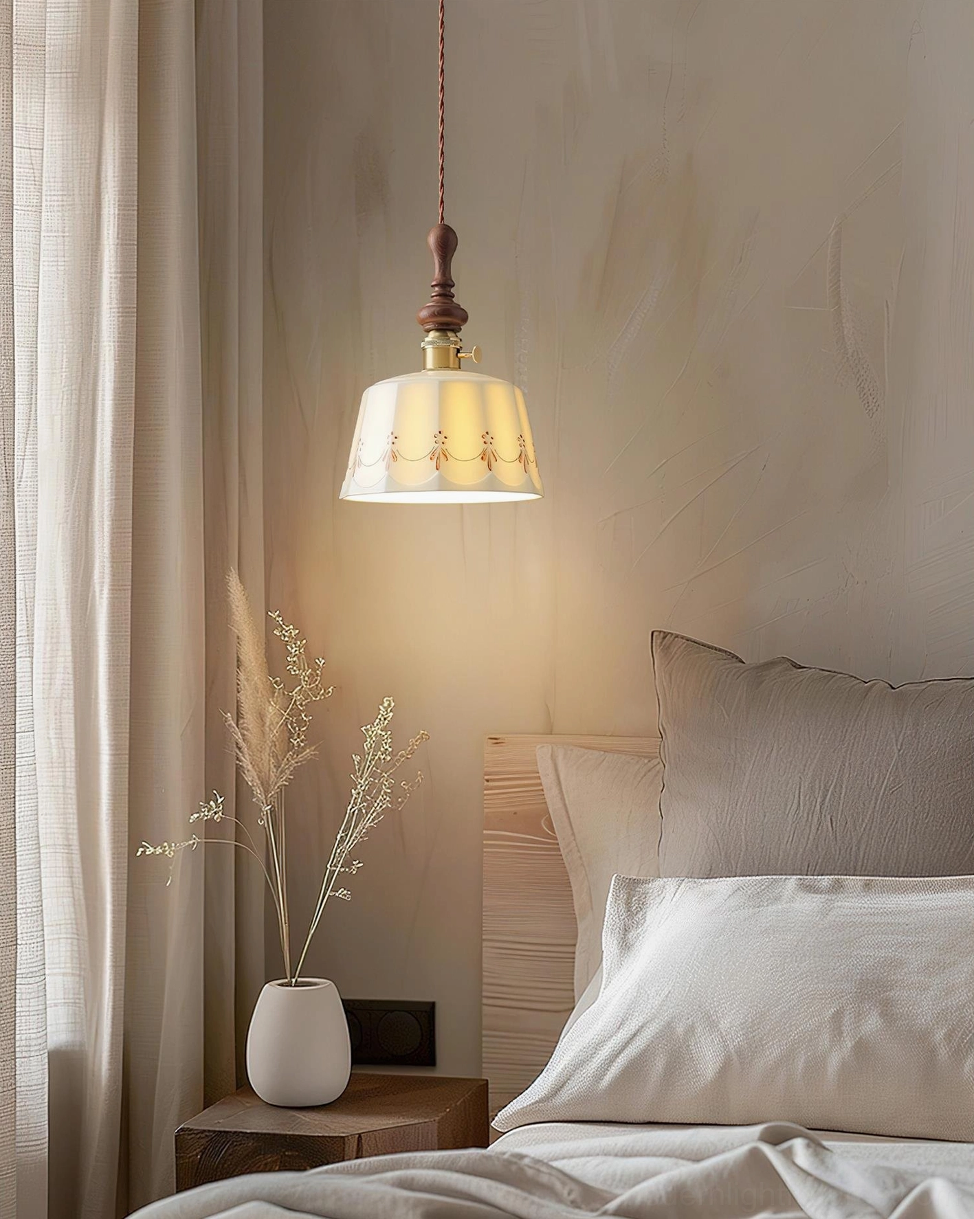 Belle Fleur bedside pendant lamp in calming rustic bedroom with warm accent lighting and natural ambiance