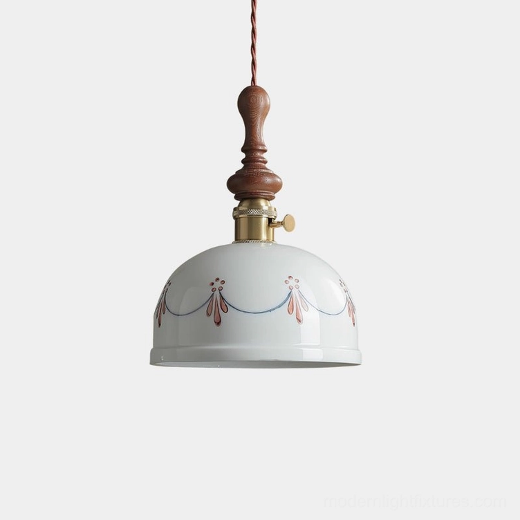 Belle Fleur ceramic pendant lamp with hand-finished scalloped porcelain shade and brass walnut hardware, front view studio shot