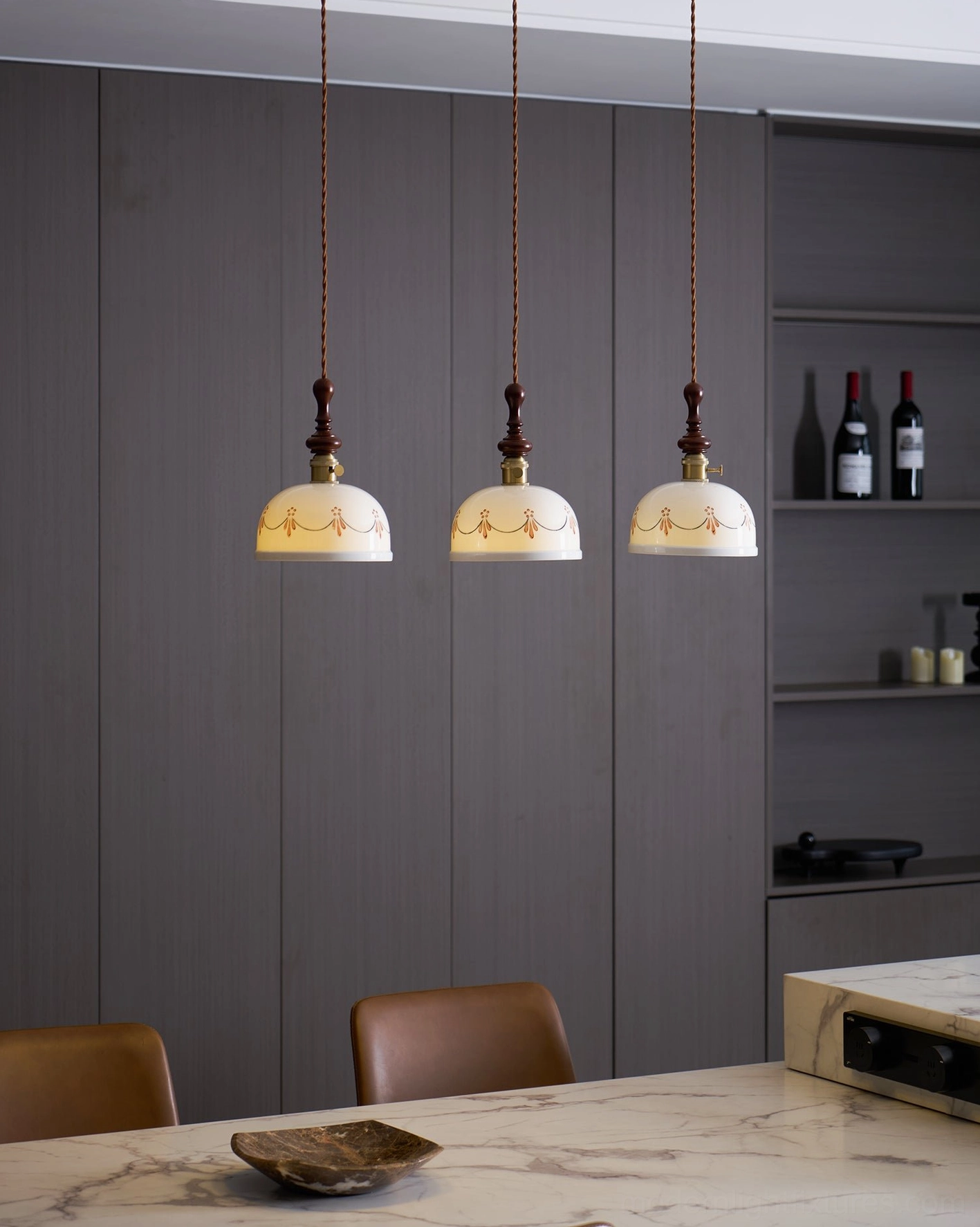 Belle Fleur ceramic pendant lamp overhead view in dining room with geometric ceiling installation