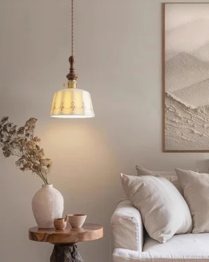 Vintage ceramic pendant light in cozy living room with warm neutral retro décor and soft ambient glow