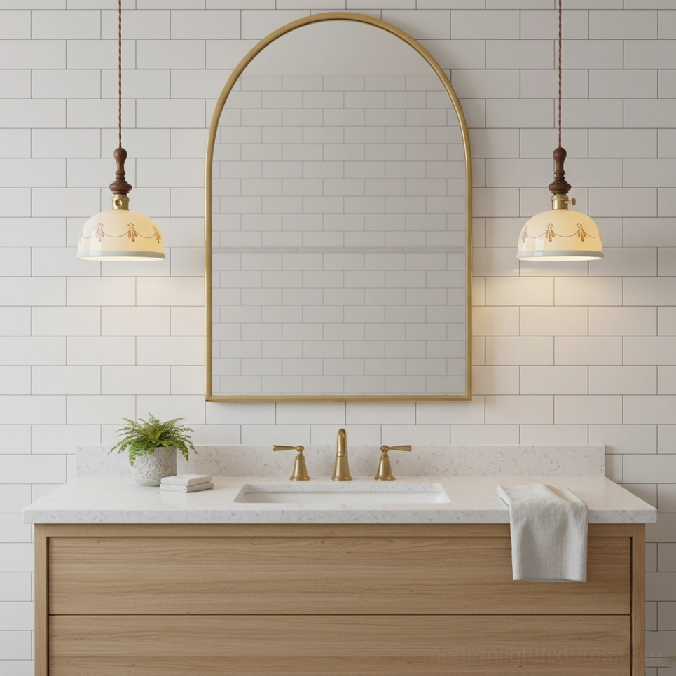 Vintage ceramic pendant light showing fine porcelain hand-finish and delicate decorative motifs