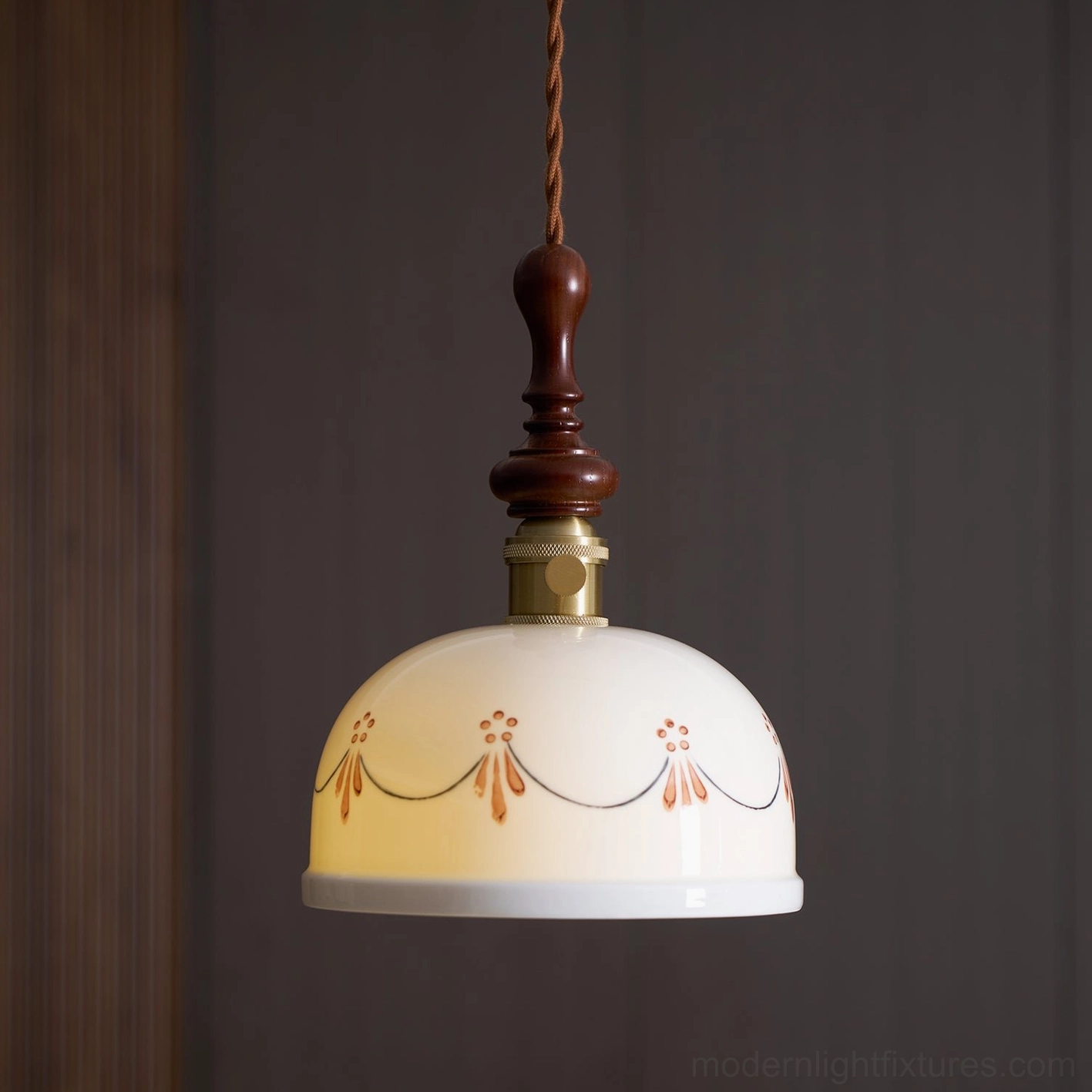 Belle Fleur vintage ceramic pendant lamp in neutral color palette walnut and white aesthetic