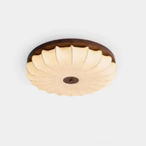 Bellecour scalloped ceiling lamp close-up showing petal-shaped diffuser and walnut wood canopy