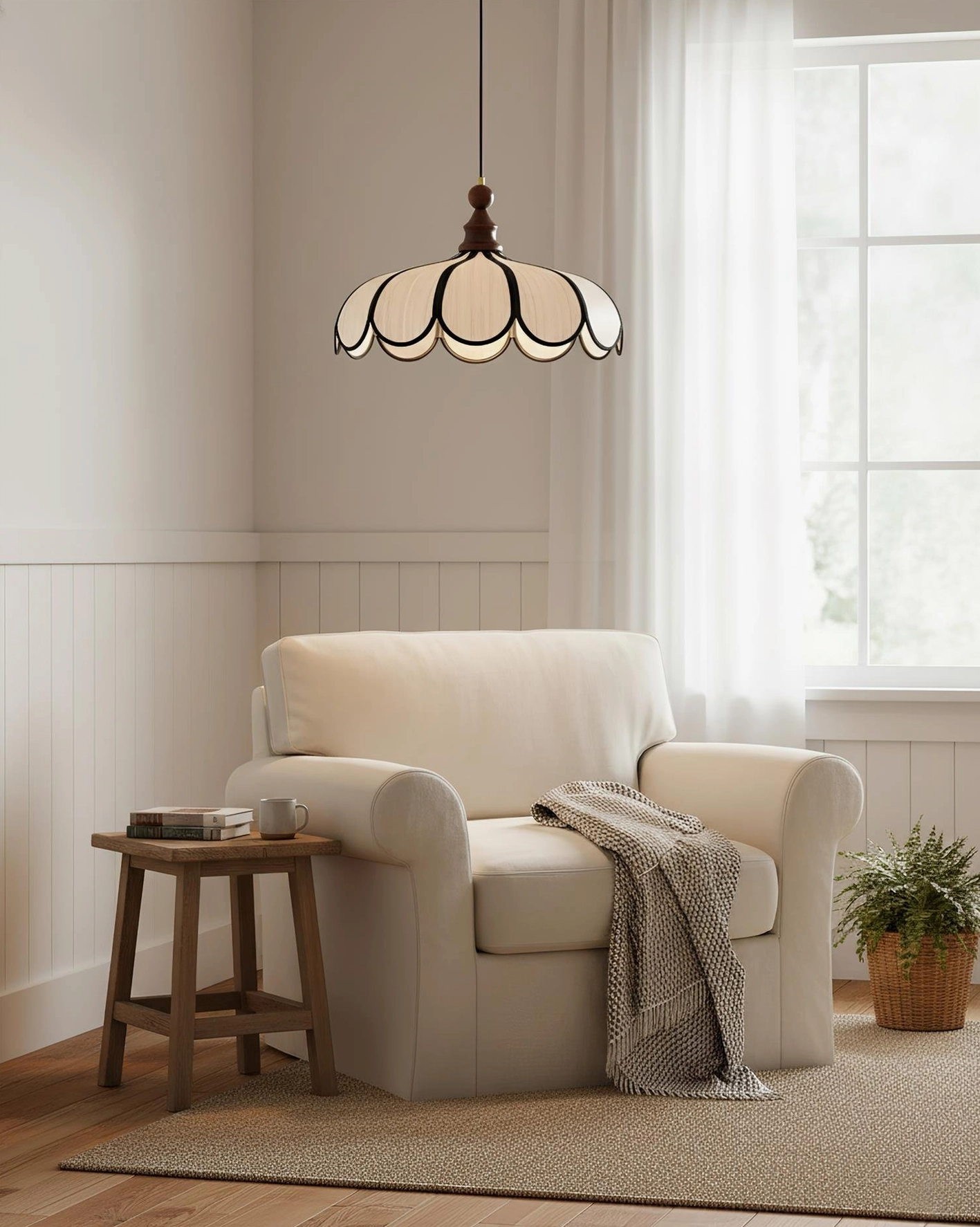 Bellerin natural fiber shade pendant lamp architectural profile showing proportional dome shape and wood accents