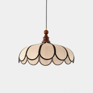 Bellerin scalloped hand-woven Abaca pendant lamp in Walnut finish with natural wood canopy, studio front view on white background