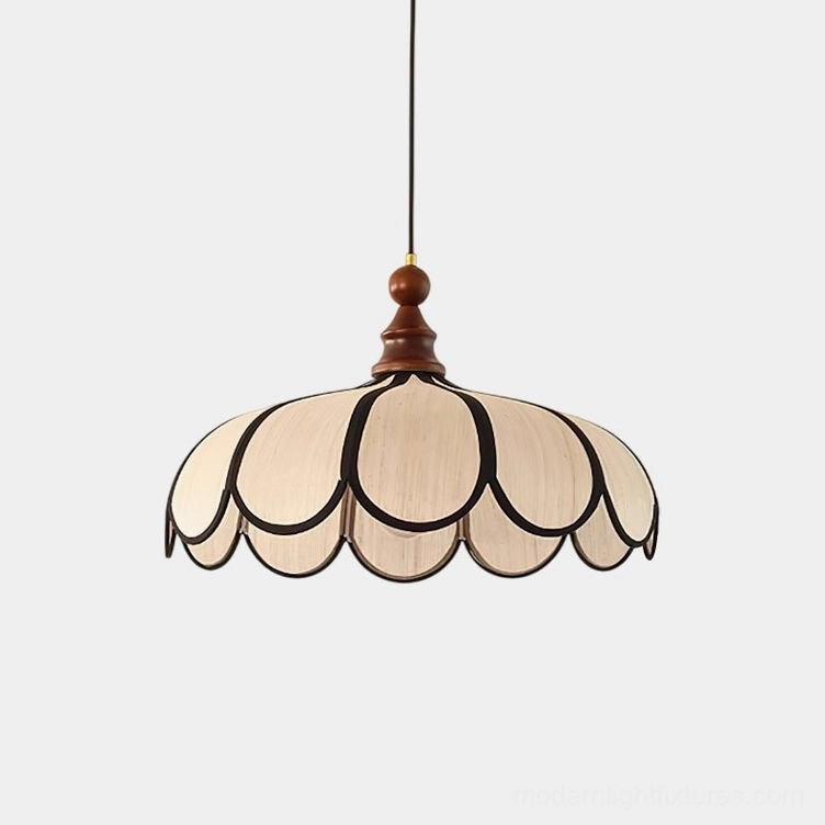 Bellerin scalloped hand-woven Abaca pendant lamp in Walnut finish with natural wood canopy, studio front view on white background