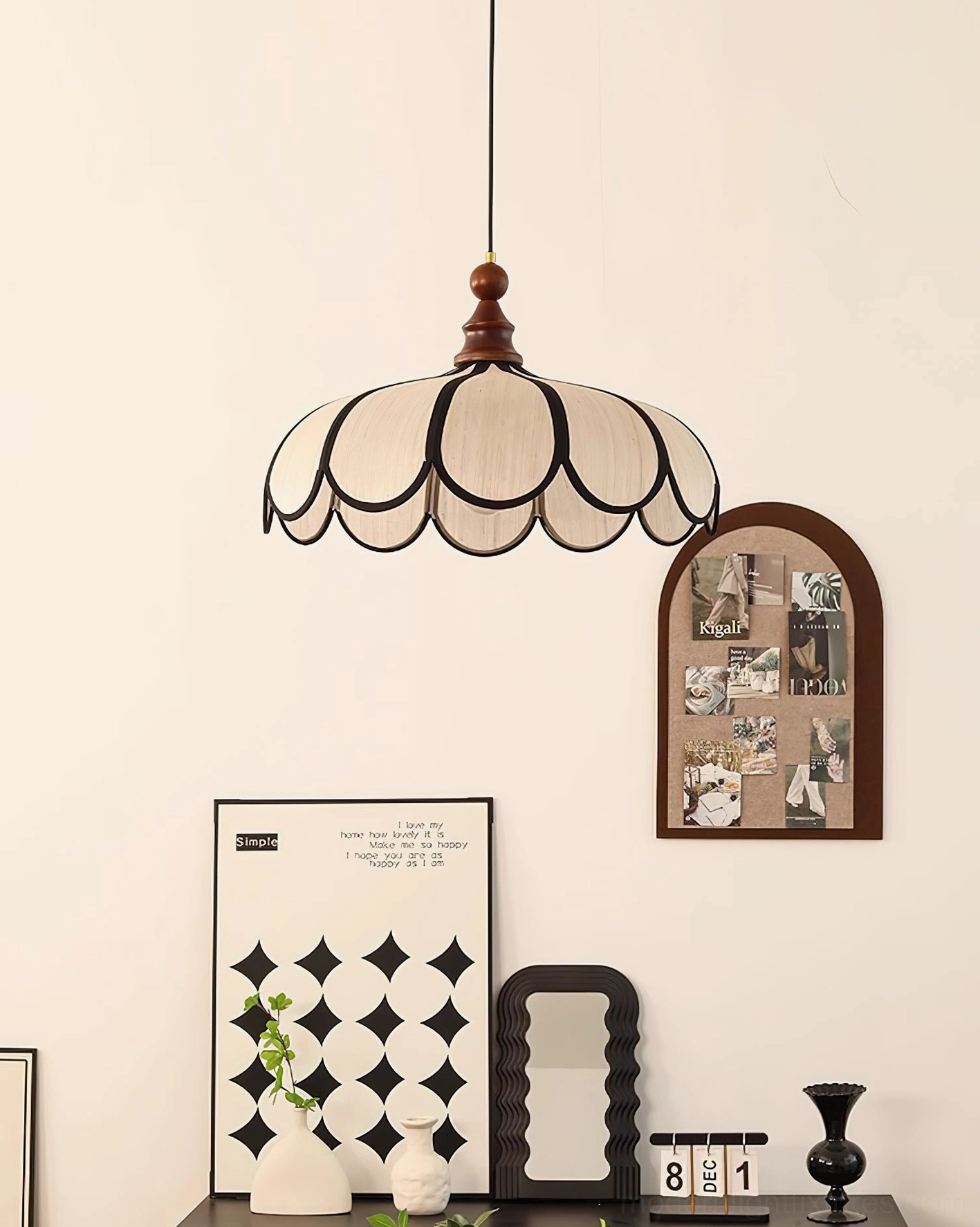 Close-up detail of Bellerin hand-woven Abaca shade texture, scalloped edge profile, dark wood finial accent