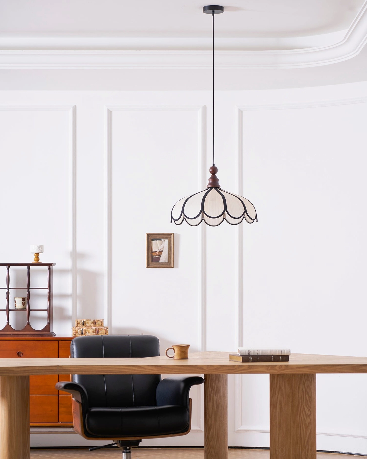 Bellerin scalloped pendant lamp installed above accent wall in farmhouse interior design setting