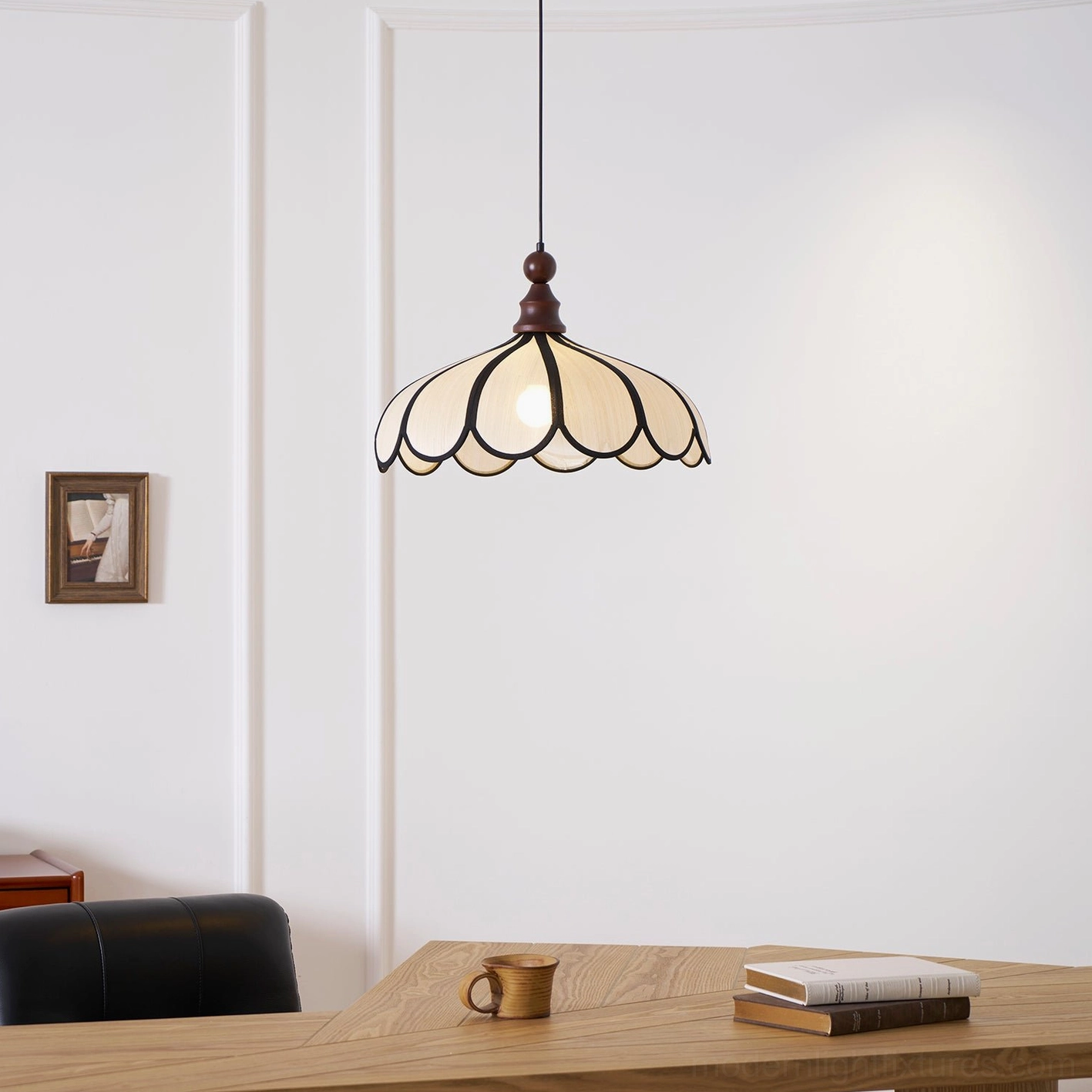 Bellerin hand-woven pendant lamp in contemporary eclectic interior with layered decorative objects and plants