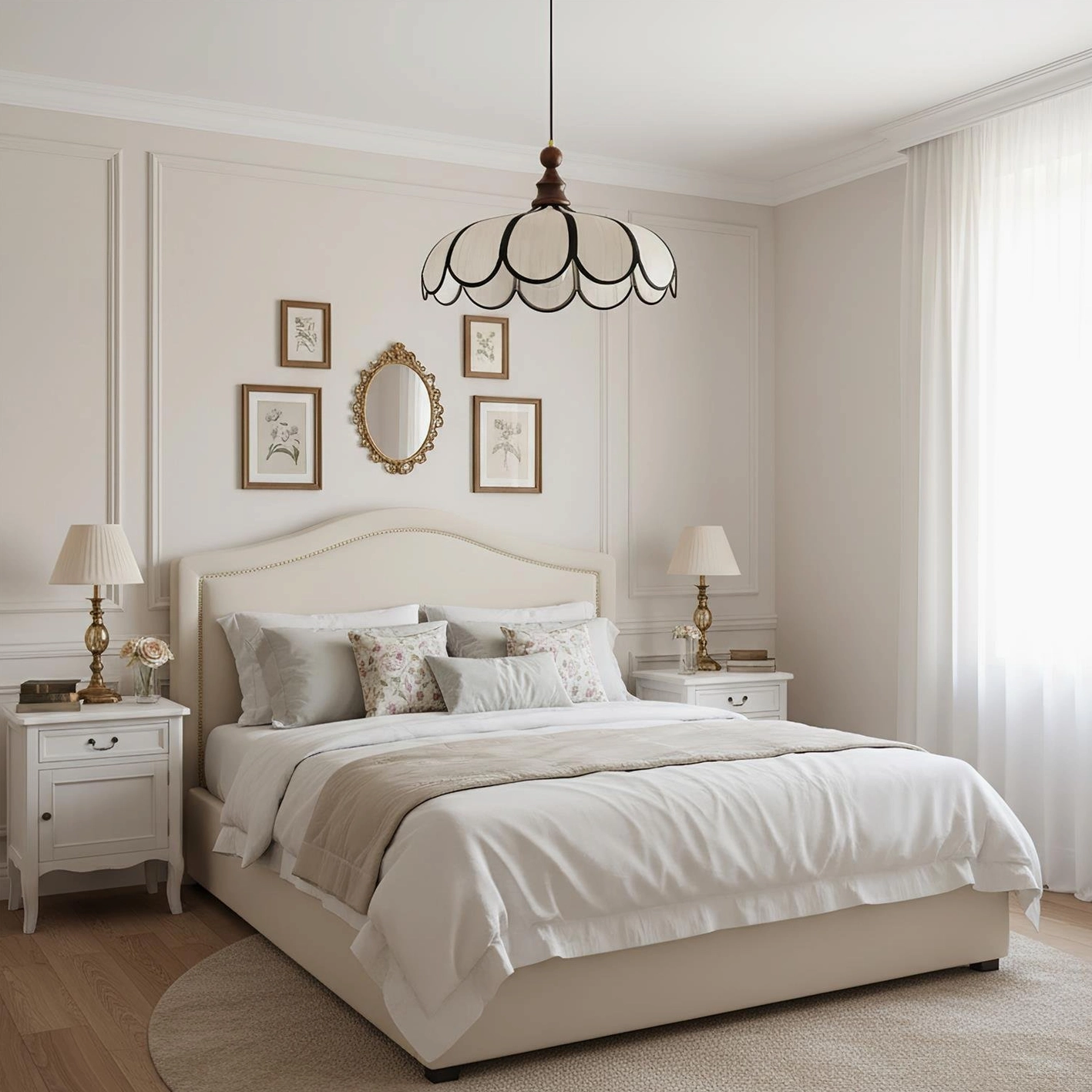 Bellerin pendant lamp installed in elegant classical bedroom with vaulted ceiling and gallery wall display