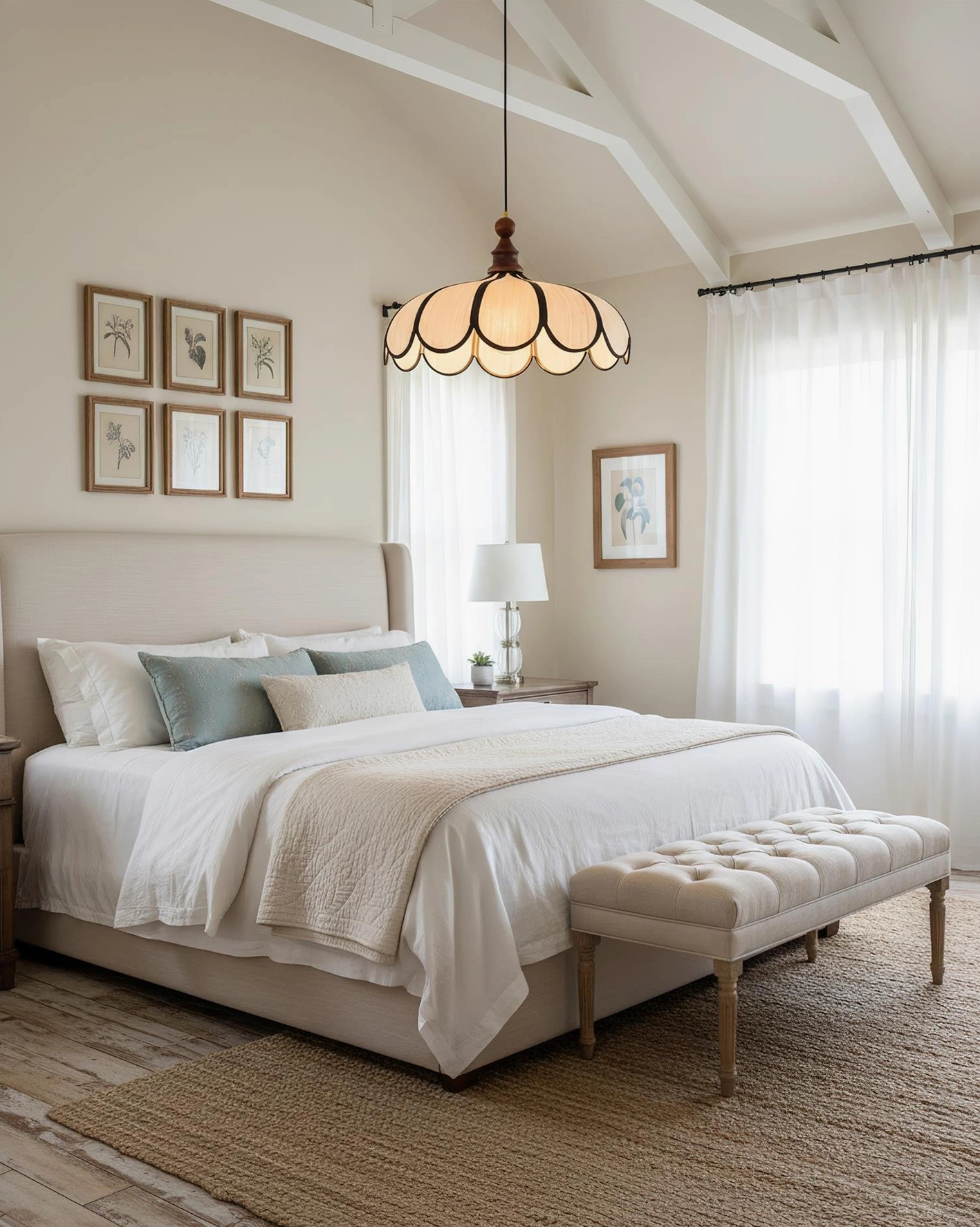 Bellerin scalloped pendant lamp in vaulted master bedroom with traditional cottage styling, sloped ceiling installation