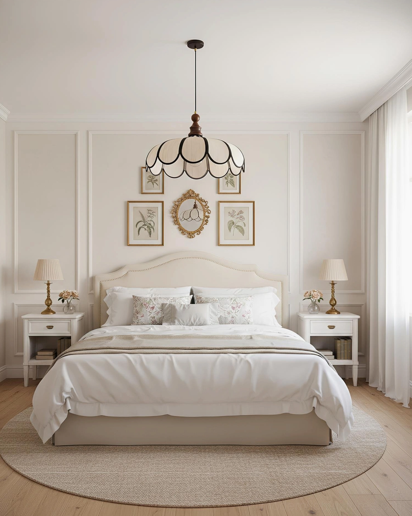 Bellerin pendant lamp unlit in modern minimalist interior, sculptural scalloped shade form emphasis