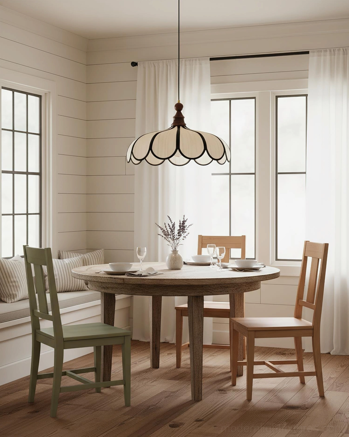 Bellerin natural fiber pendant lamp hung over farmhouse dining table, warm neutral cottagecore dining room interior