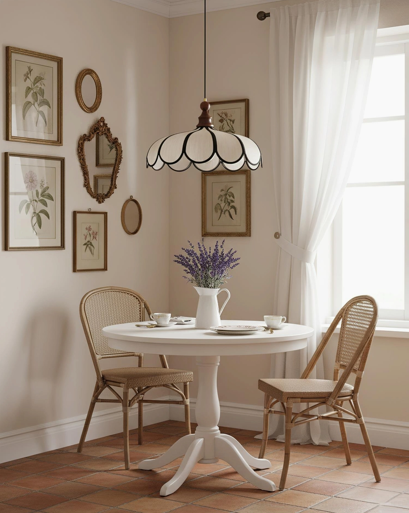 Bellerin hand-woven Abaca pendant lamp showing scalloped silhouette and shadow line detail from side angle