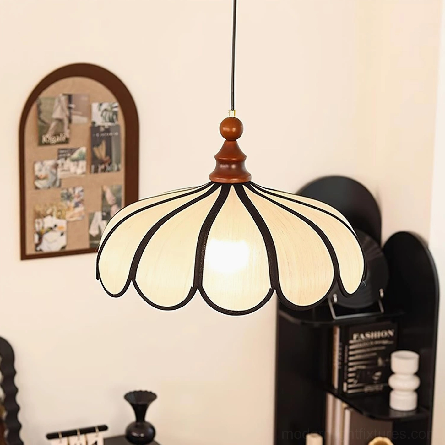 Bellerin scalloped pendant lamp detail showing shadow patterns and light refraction through woven shade