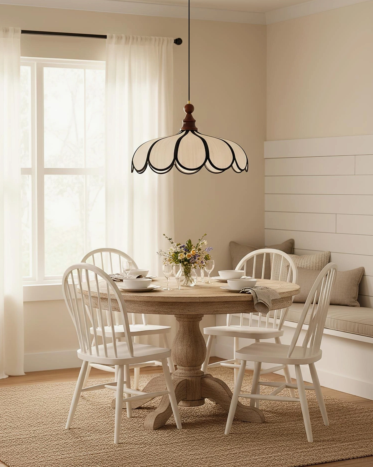 Bellerin scalloped pendant lamp detail showing natural wood canopy fitting and electrical connection assembly