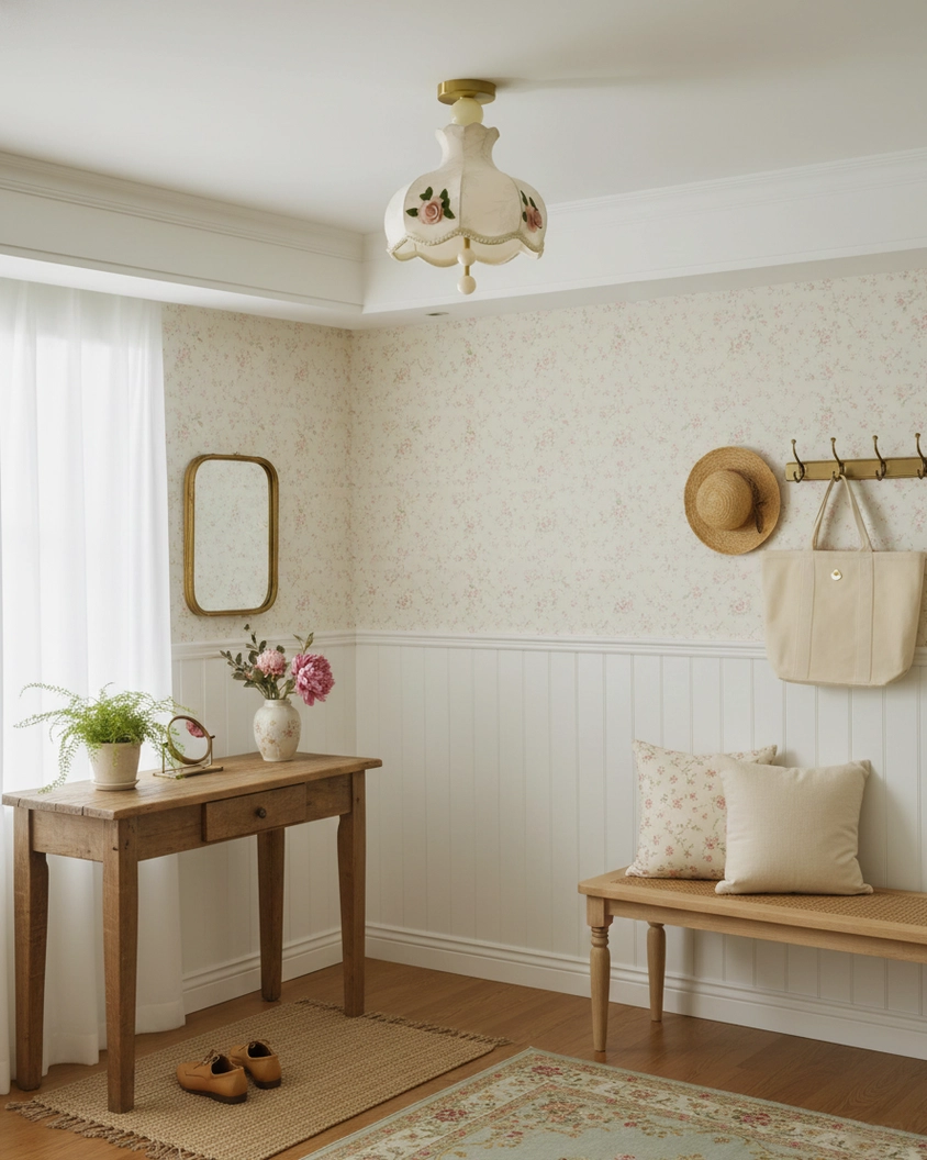 Bellevia embroidered ceiling light fixture in farmhouse entryway with warm wood console and floral wallpaper decor