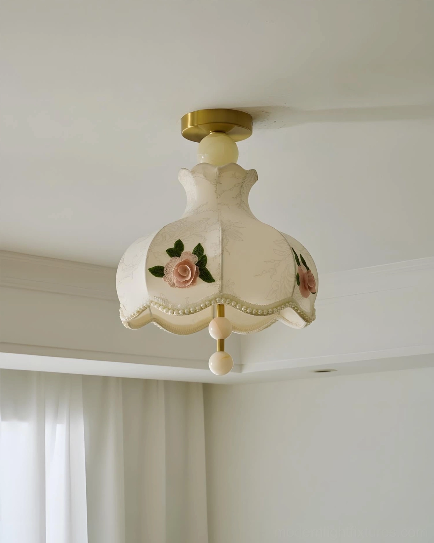 Bellevia floral ceiling lamp fixture detail shot highlighting hand-embroidered motifs and pearl trim accents