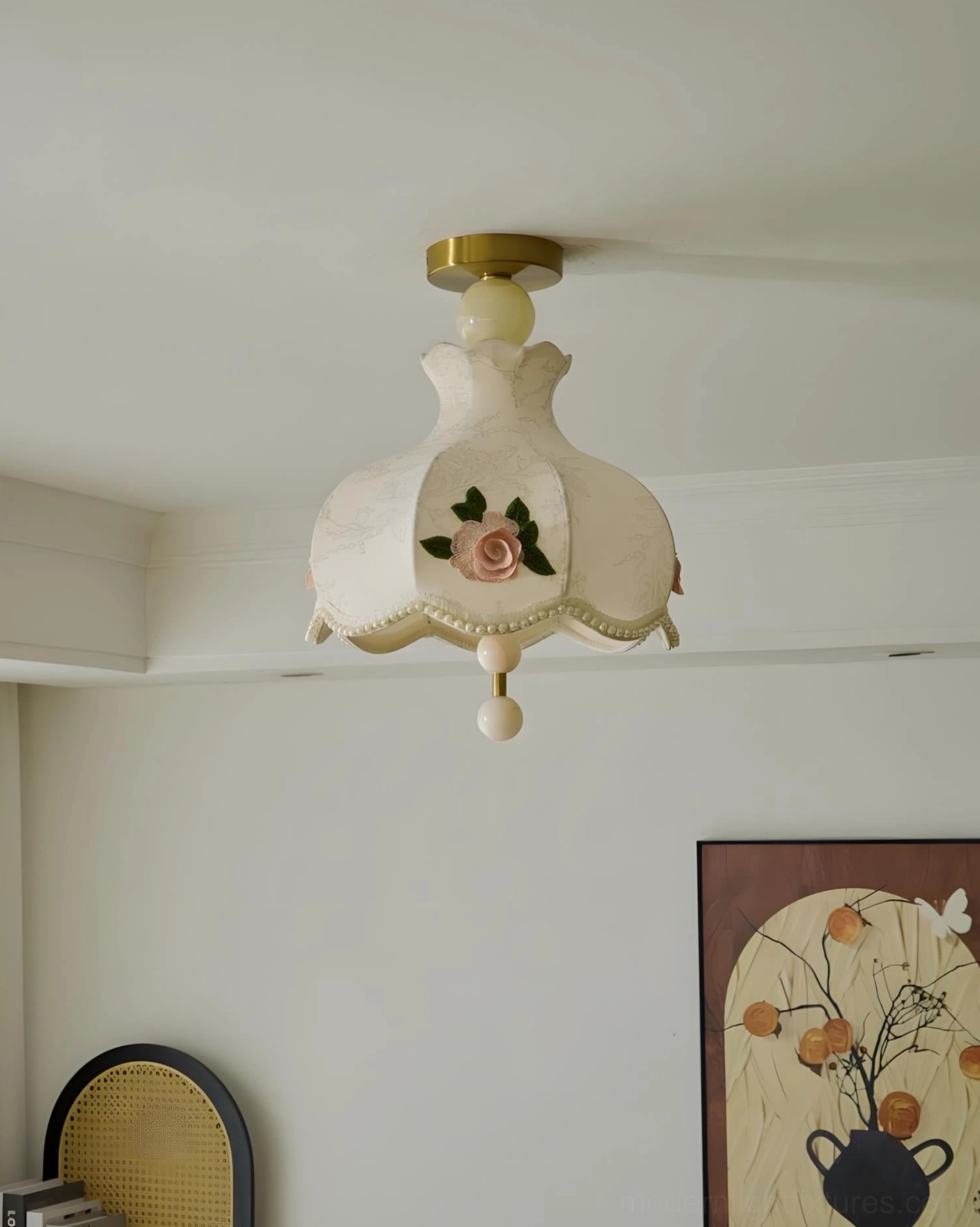 Bellevia embroidered ceiling light showing rose motif detail and hanging glass ball drop, angled front view