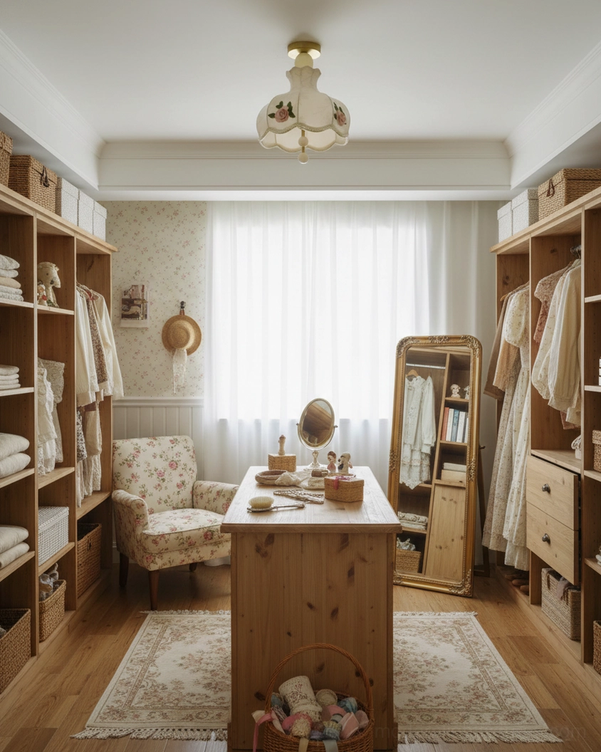 Bellevia vintage floral ceiling lamp in cottage-style walk-in closet and workspace with natural wood furniture