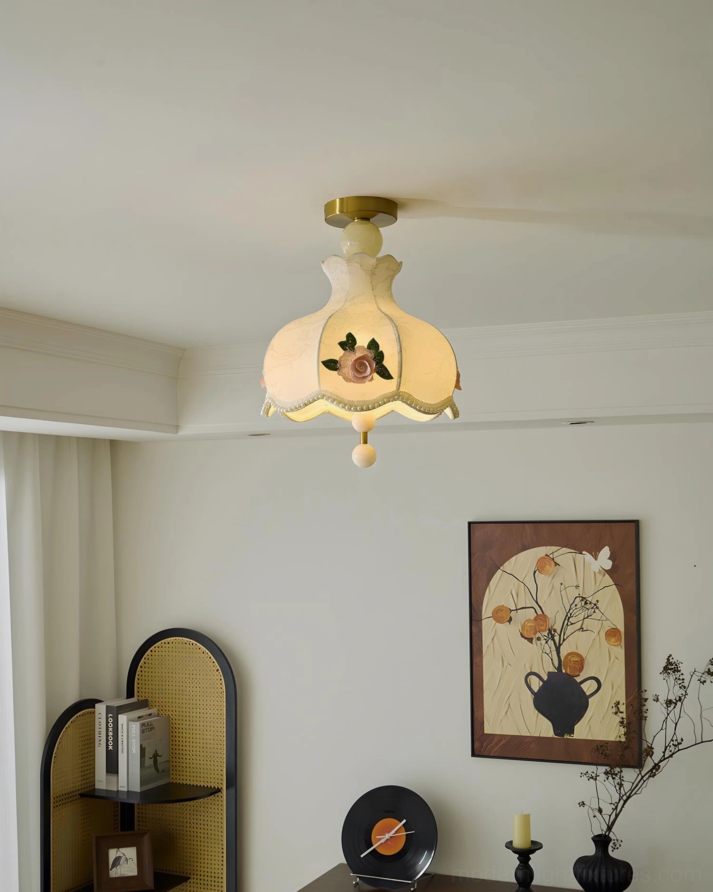 Bellevia vintage floral ceiling fixture in small reading corner with cream embroidered shade and brass hardware