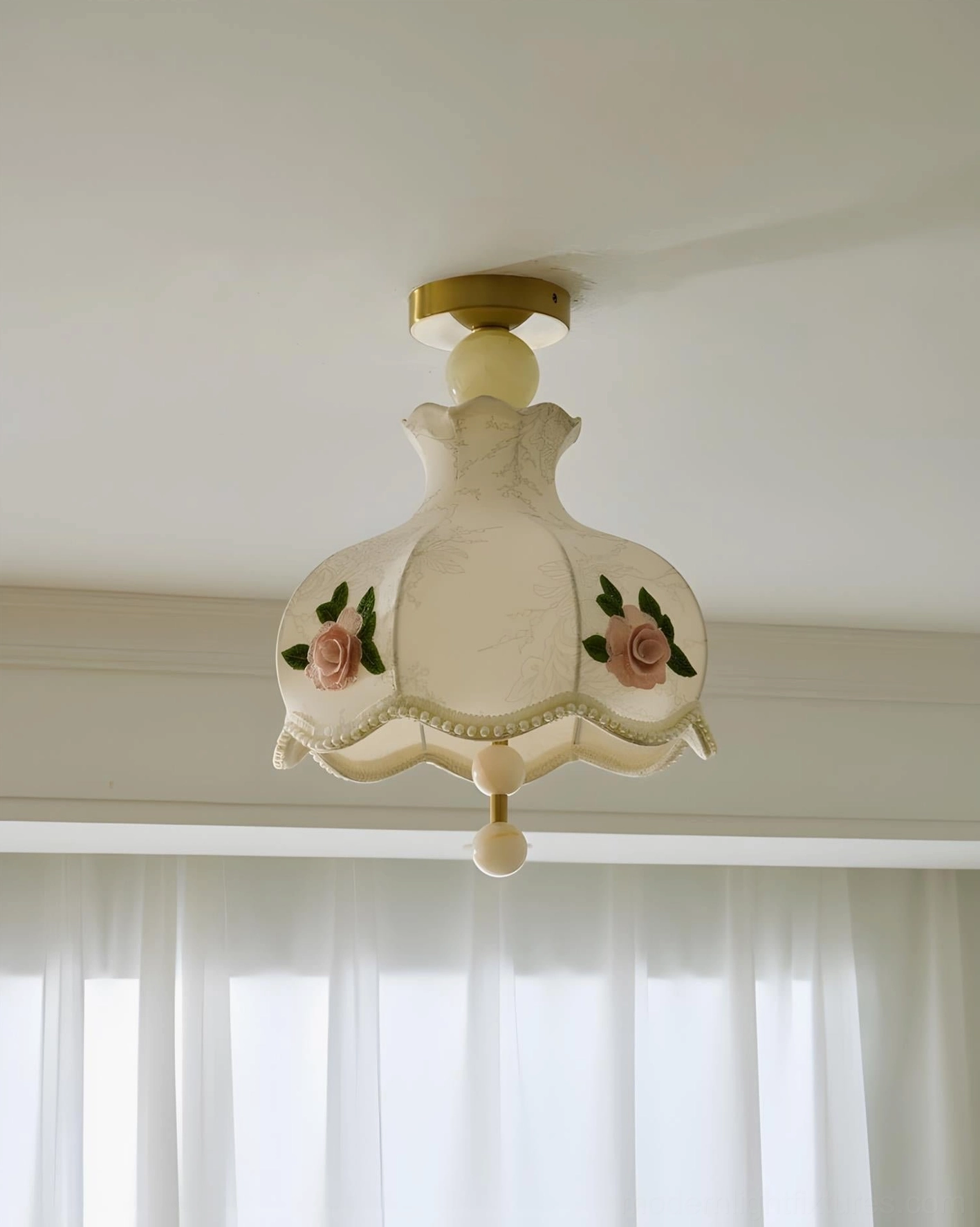 Bellevia vintage embroidered ceiling light fixture with delicate rose pattern and scalloped fabric shade