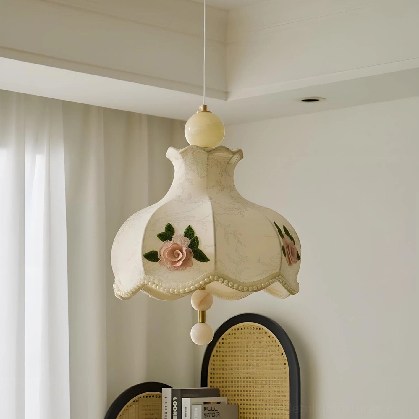 Bellevia embroidered fabric pendant light in beige and pink colorway with floral rose motifs and scalloped bead details