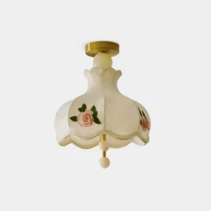 Bellevia vintage floral ceiling light fixture with embroidered rose shade and brass gold canopy, front close-up studio shot