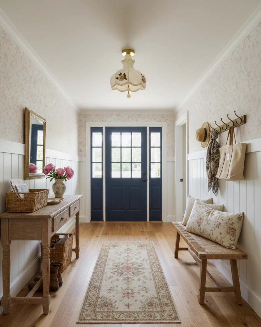 Bellevia ceiling light fixture in traditional hallway with area rug, wooden console table, and upholstered bench