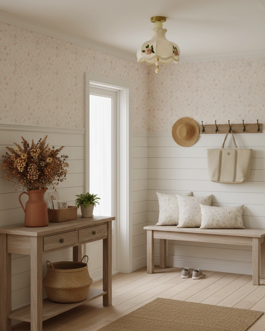 Bellevia embroidered fabric ceiling light in farmhouse entry bench nook with shiplap walls and dried florals