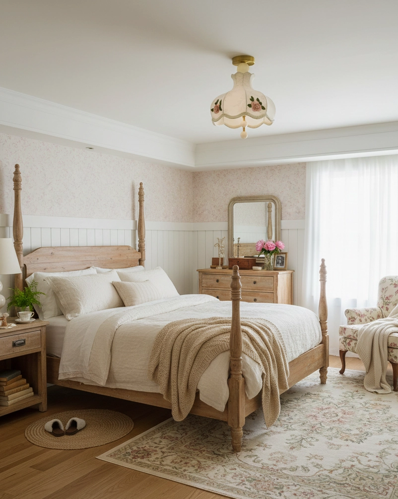 Bellevia vintage ceiling lamp in French country bedroom with four-poster wood bed and linen bedding