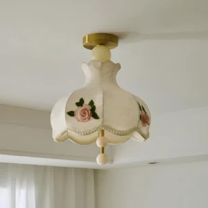 Bellevia vintage ceiling lamp installed overhead showing pearl trim details and hanging glass ball accents from below