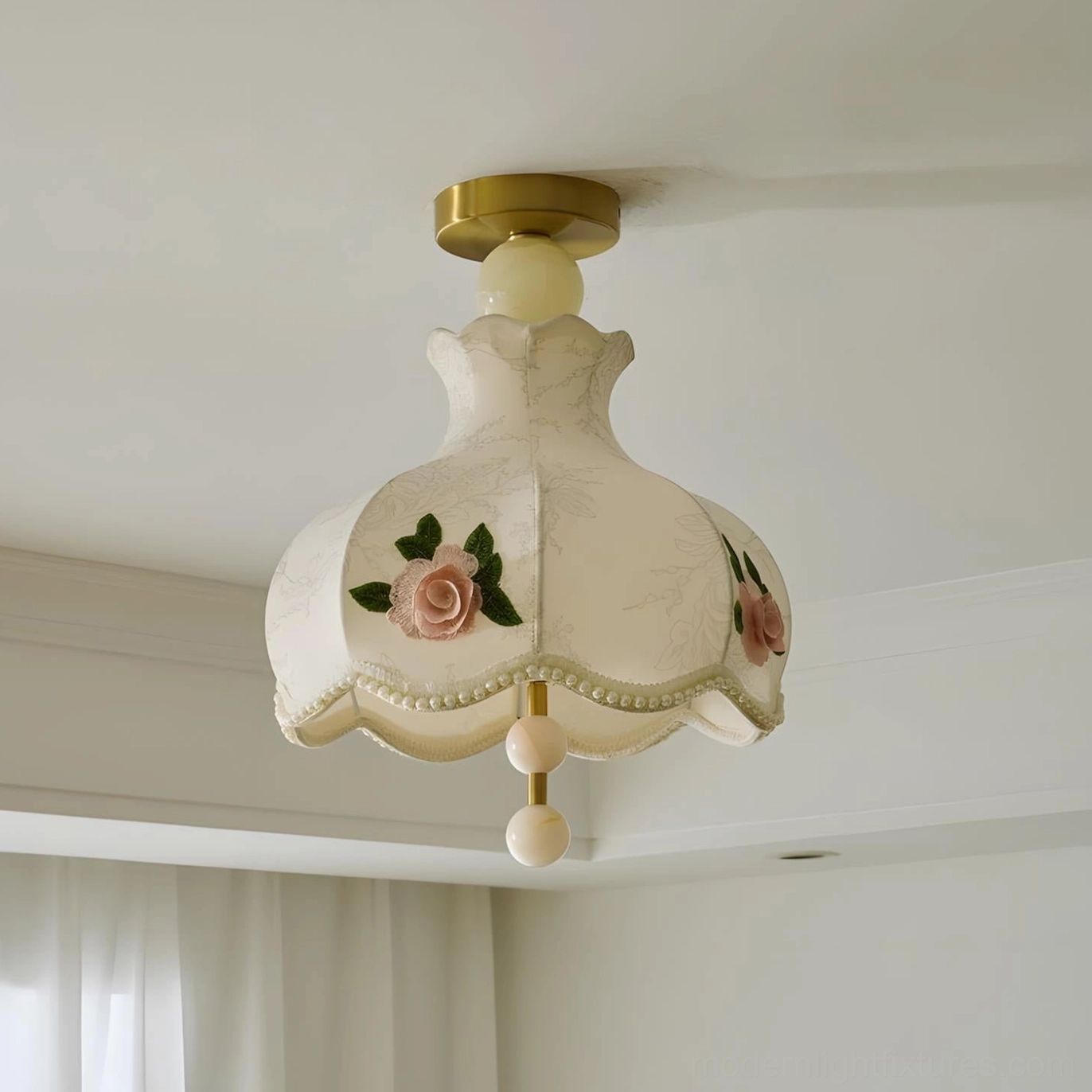 Bellevia vintage ceiling lamp installed overhead showing pearl trim details and hanging glass ball accents from below