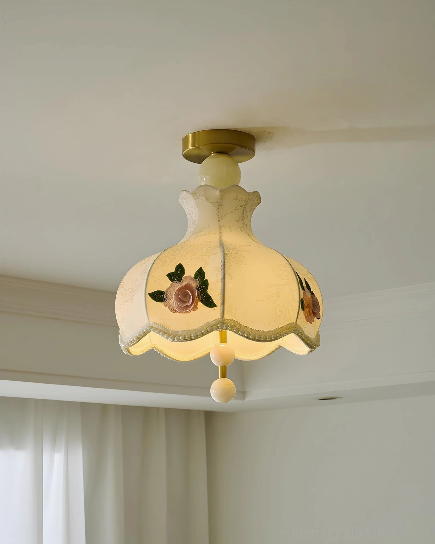 Bellevia vintage floral ceiling light with scalloped edge shade and warm brass gold canopy finish