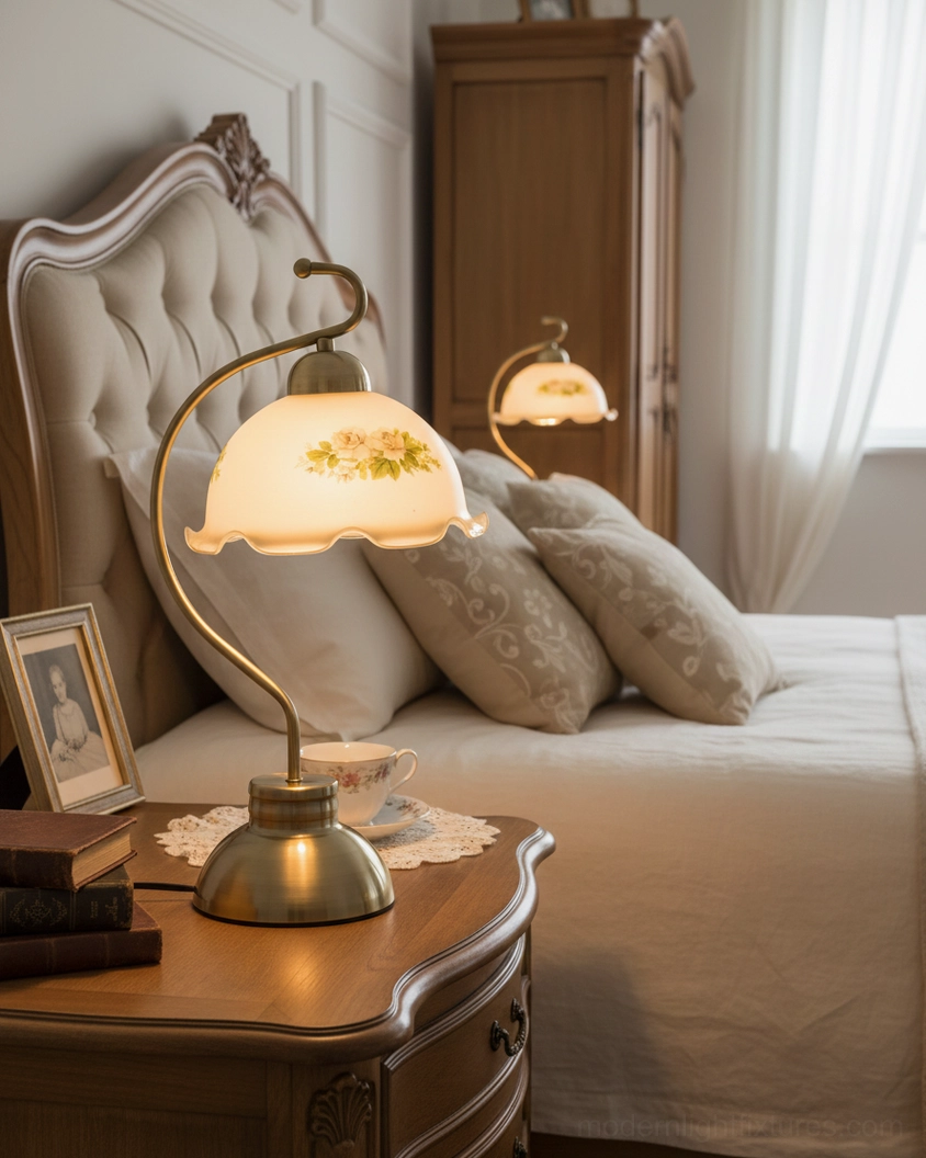 Bellevine bedside table lamp on dark wood nightstand beside tufted upholstered master bedroom bed