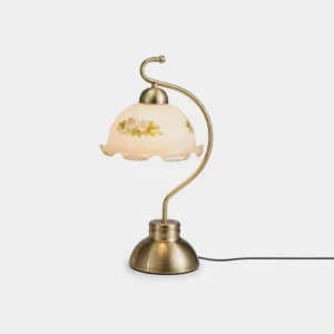 Bellevine scalloped glass table lamp with antique bronze curved metal stem and floral motif shade - front studio view