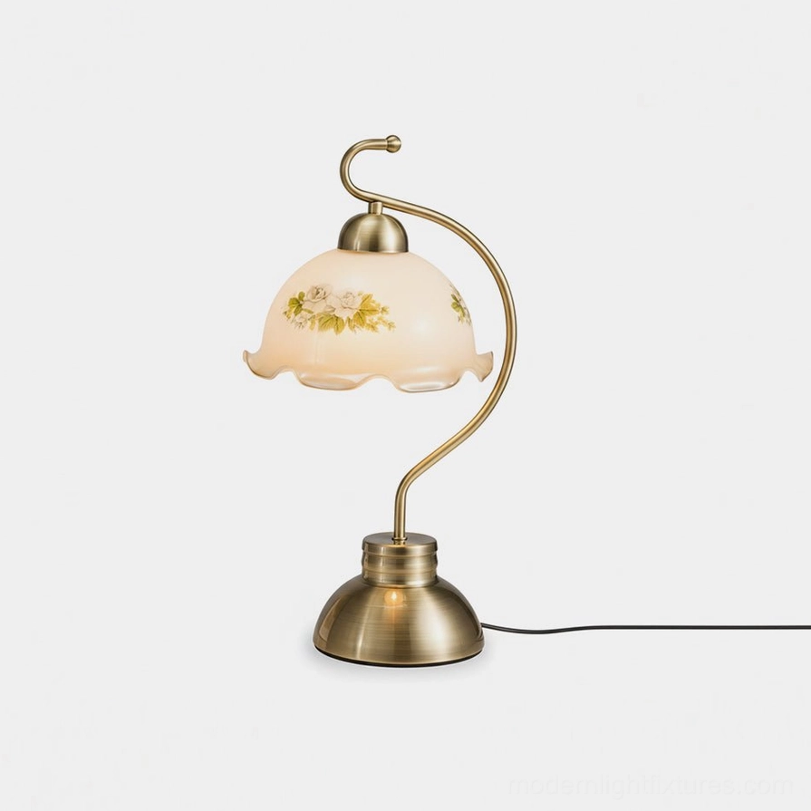 Bellevine scalloped glass table lamp with antique bronze curved metal stem and floral motif shade - front studio view