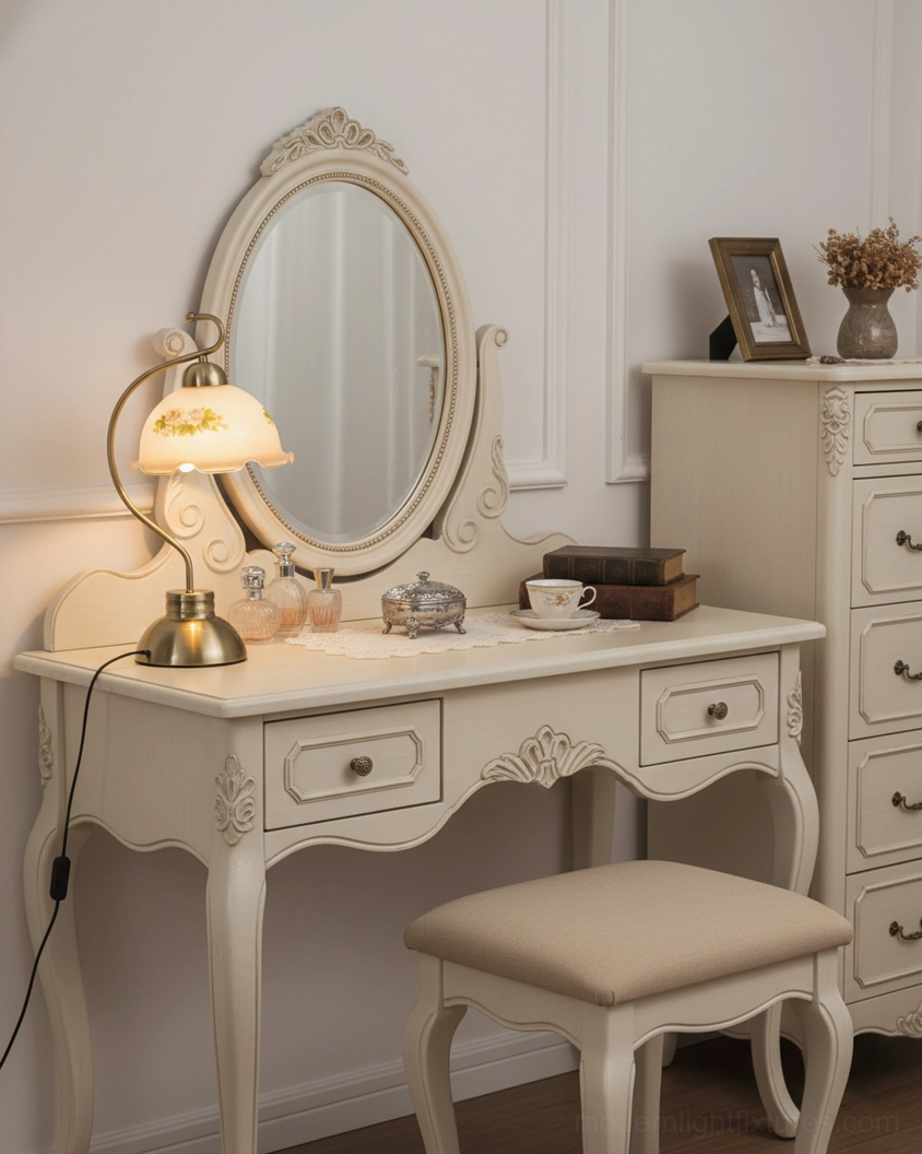 Bellevine vanity table lamp on French provincial cream bedroom vanity with oval mirror and soft lighting
