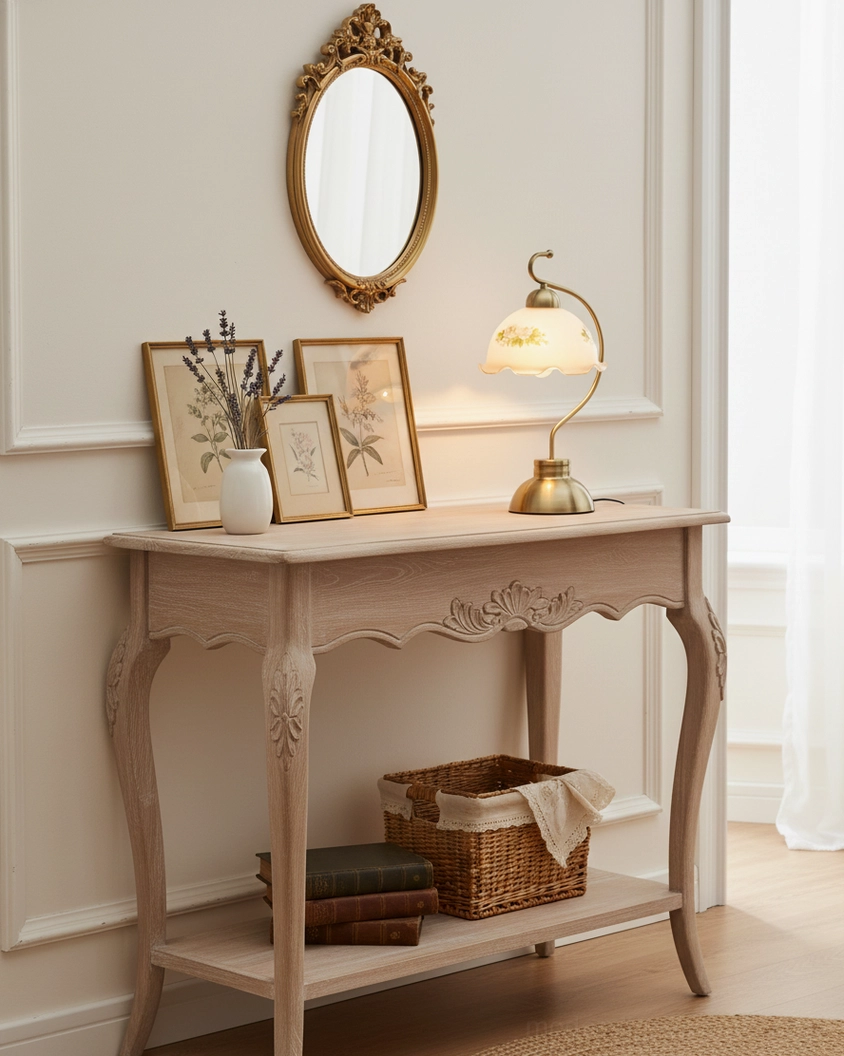 Bellevine decorative table lamp on carved cream console table in entryway with gold-framed wall mirror