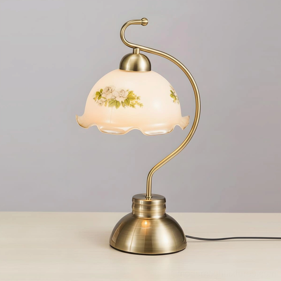 Bellevine table lamp available in antique bronze and white finishes with scalloped glass shade