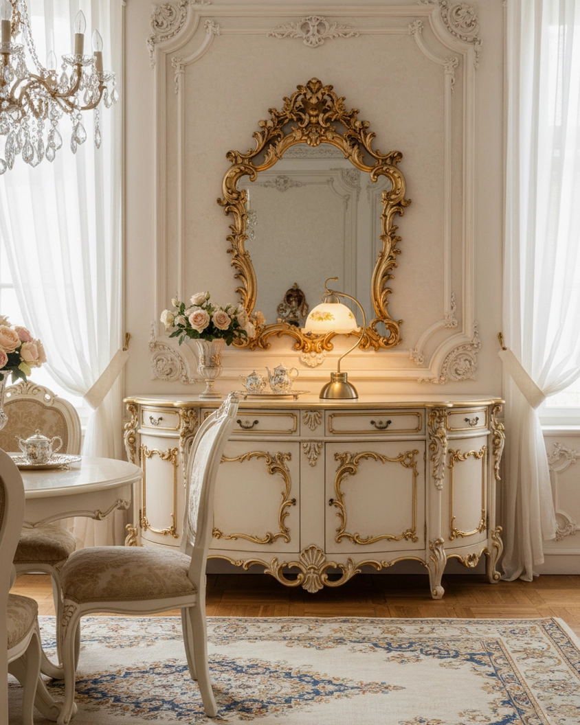 Bellevine scalloped glass lamp in ornate classic dining room with gilded wood sideboard and chandelier