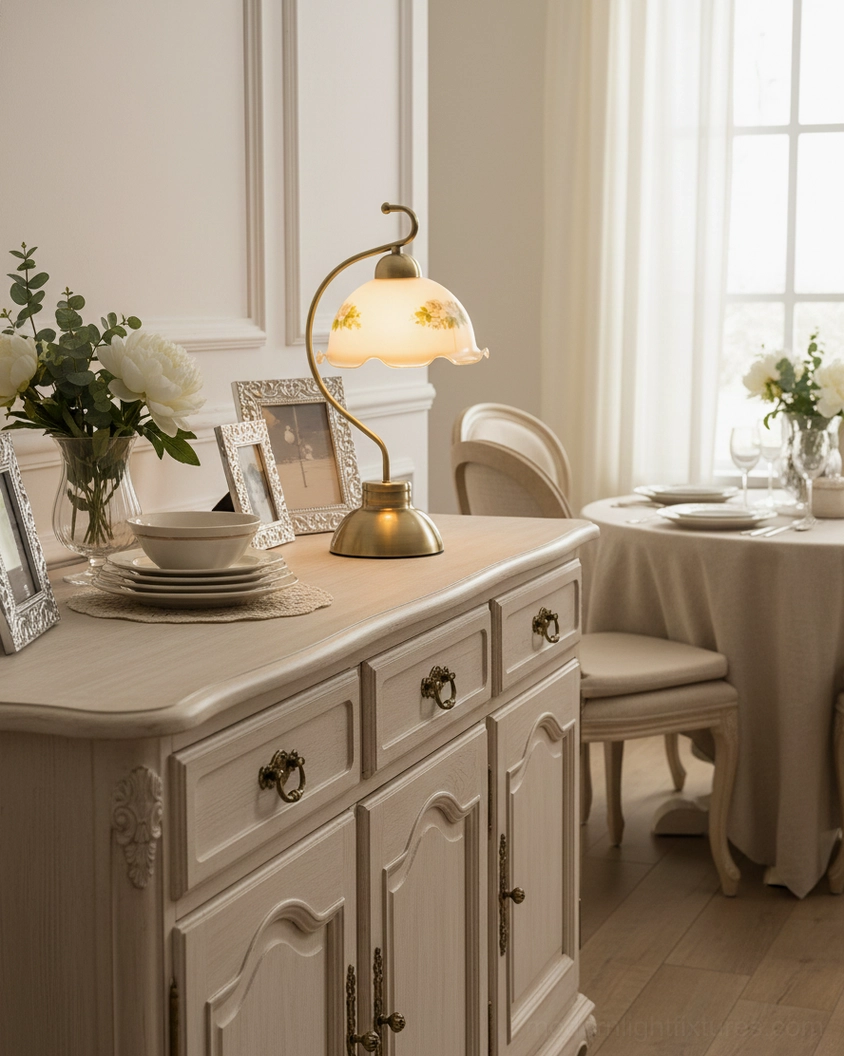 Bellevine scalloped glass lamp accent lighting on white carved wood dining room sideboard cabinet