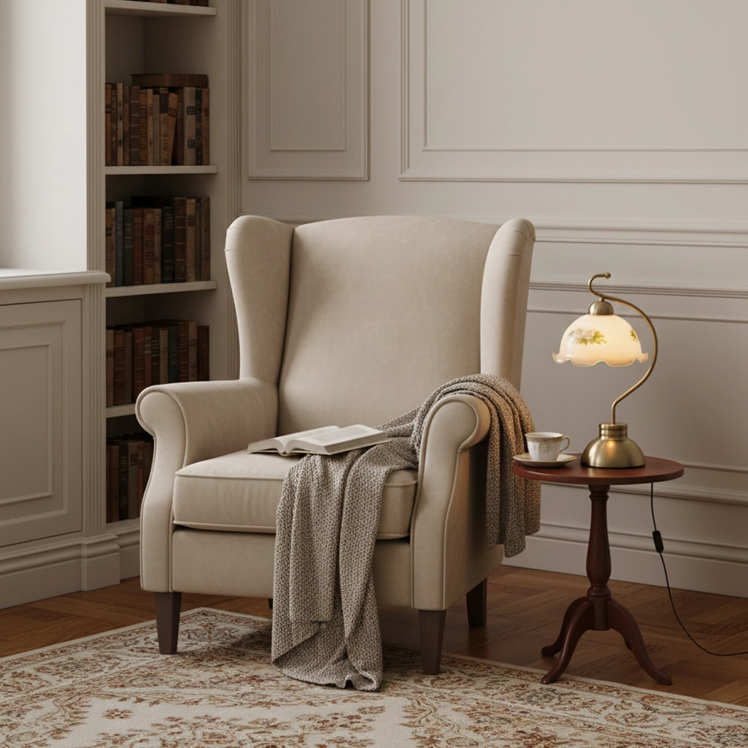 Bellevine reading corner table lamp beside tufted wingback chair and built-in bookshelves for task lighting