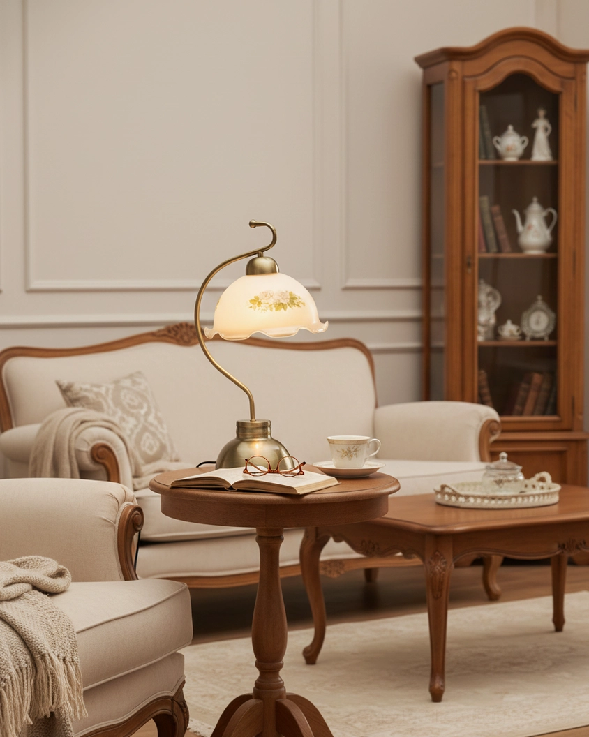 Bellevine floral table lamp in traditional living room with vintage wooden furniture and warm lighting